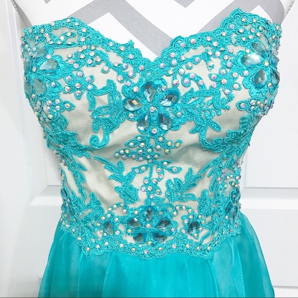 La Femme Aqua Blue Teal Prom Pageant Dress Chiffon Lace High Low Strapless Gown - Picture 7 of 8